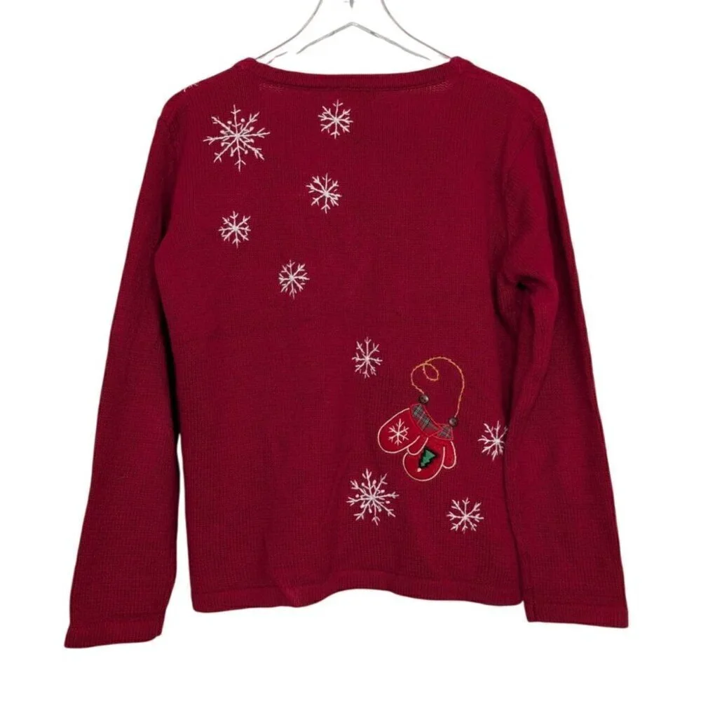 Vintage Ice Skating Cardigan Womens Size Small Red Snowflakes Winter Plaid